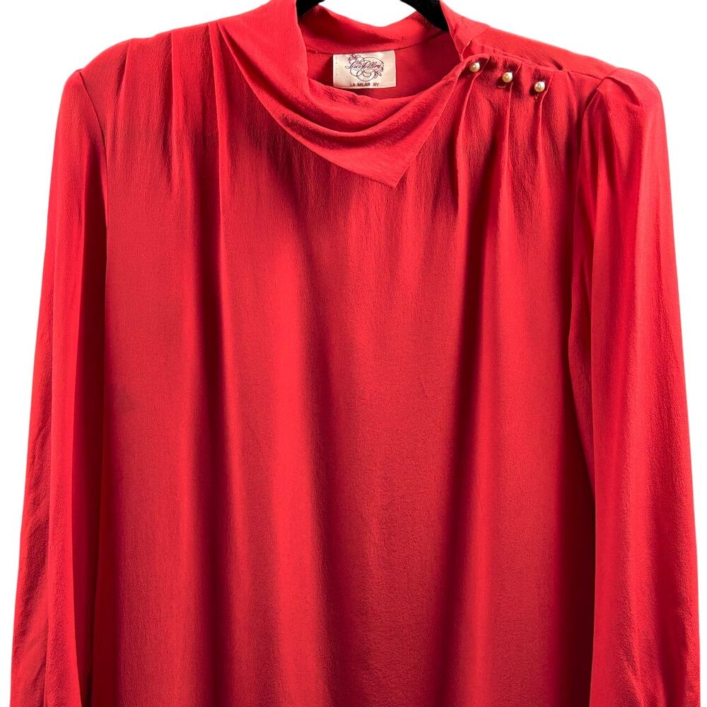 Vintage 80s SILK Elegant Red Cowl Neck Shift Dress Minimalist Old Money 7/8 - Picture 4 of 10